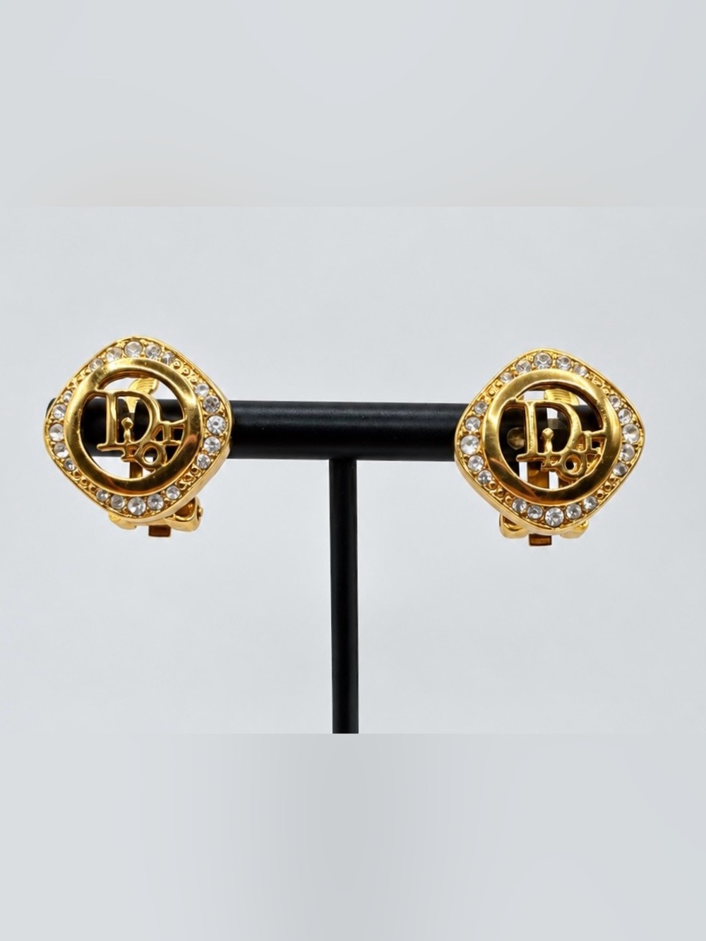 Christian Dior Earrings Vtg CD Logo Gold Plated Clip 1980s Rhinestone Germany - Picture 2 of 9